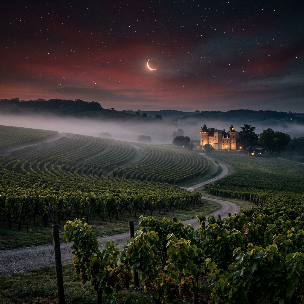 Majestuoso viñedo brumoso al atardecer bajo un cielo estrellado y un eclipse de luna